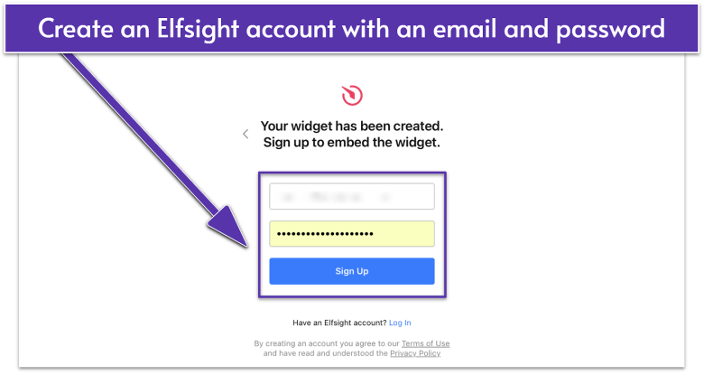 Form to create an Elfsight account with email and password fields