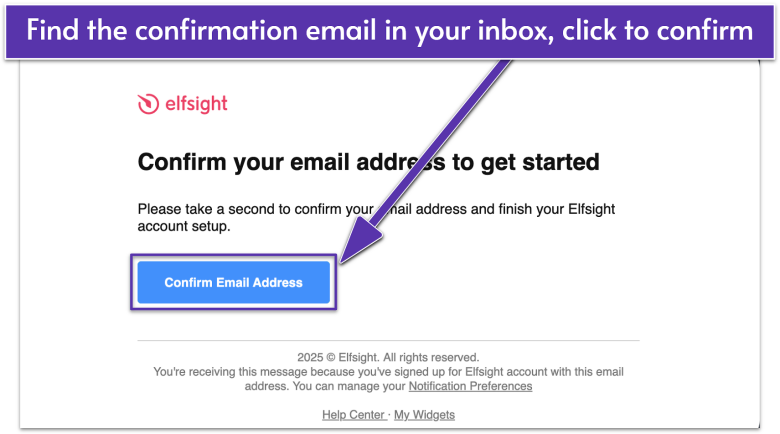 Confirmation email from Elfsight to finalize account setup, navigating to Confirm Email Address button