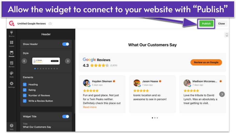 Edit Widget page for Google Reviews by Elfsight, navigating to Publish button