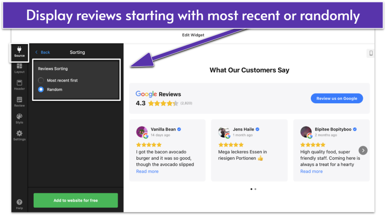 Edit Widget page for Google Reviews by Elfsight, navigating to Source and Sorting menu
