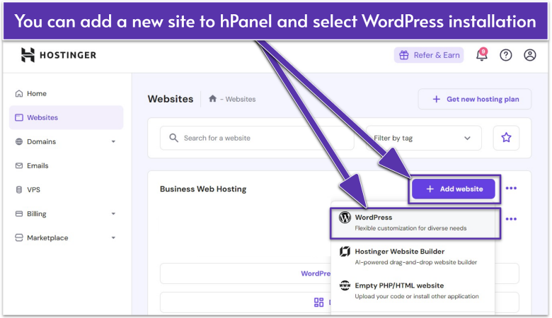 Hostinger hPanel Websites menu