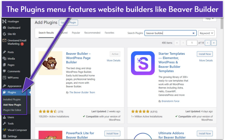 WordPress plugins menu