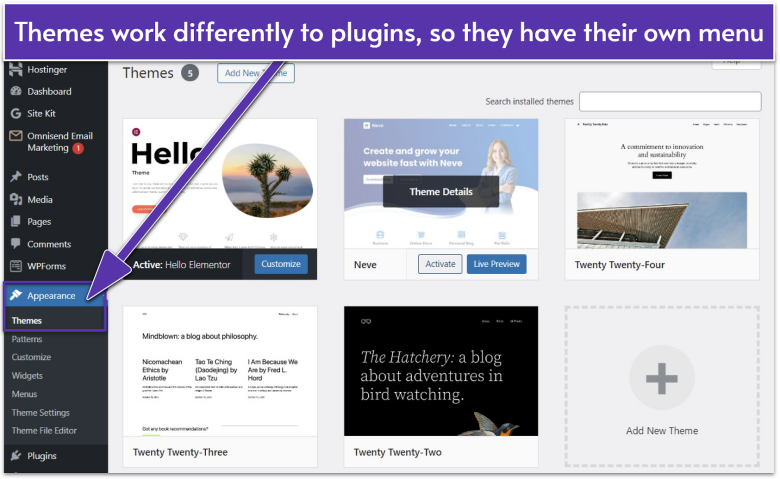 WordPress Themes menu