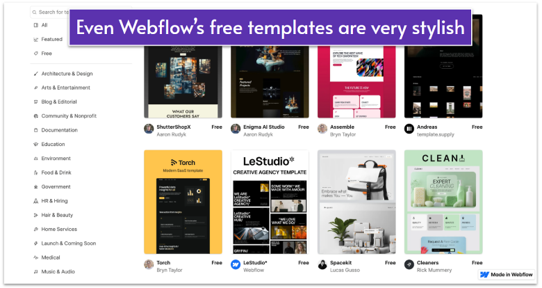 Webflow's template library