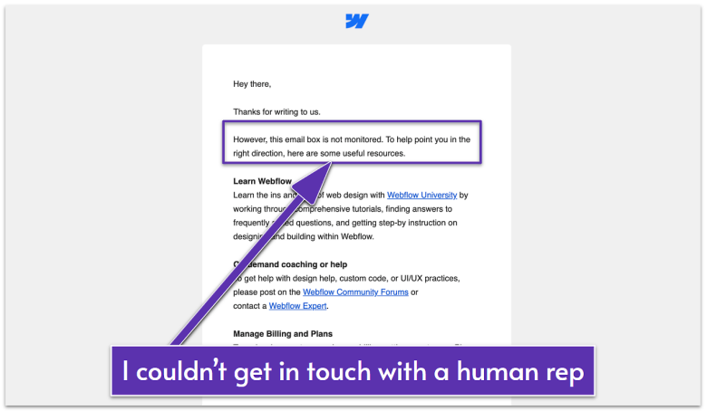 Webflow email support automatic response