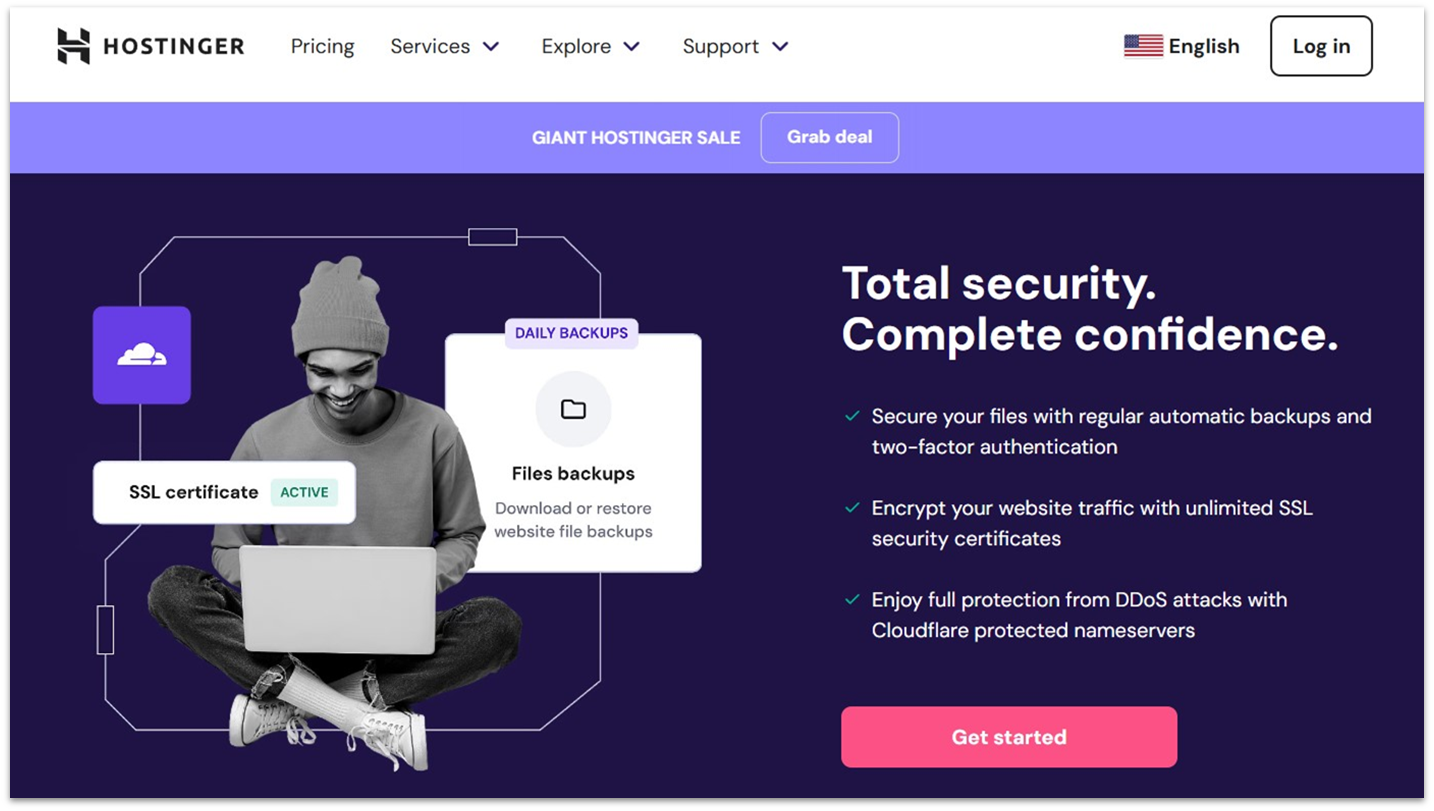 Hostinger shared web hosting landing page's security section