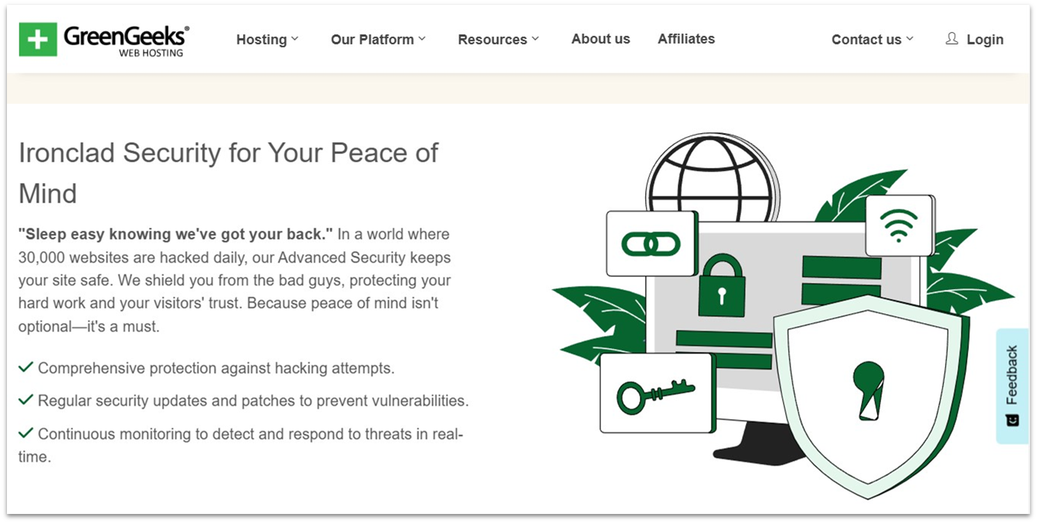 GreenGeeks's web hosting landing page's security section