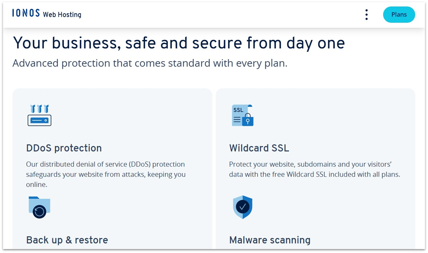 IONOS' shared web hosting page's security section