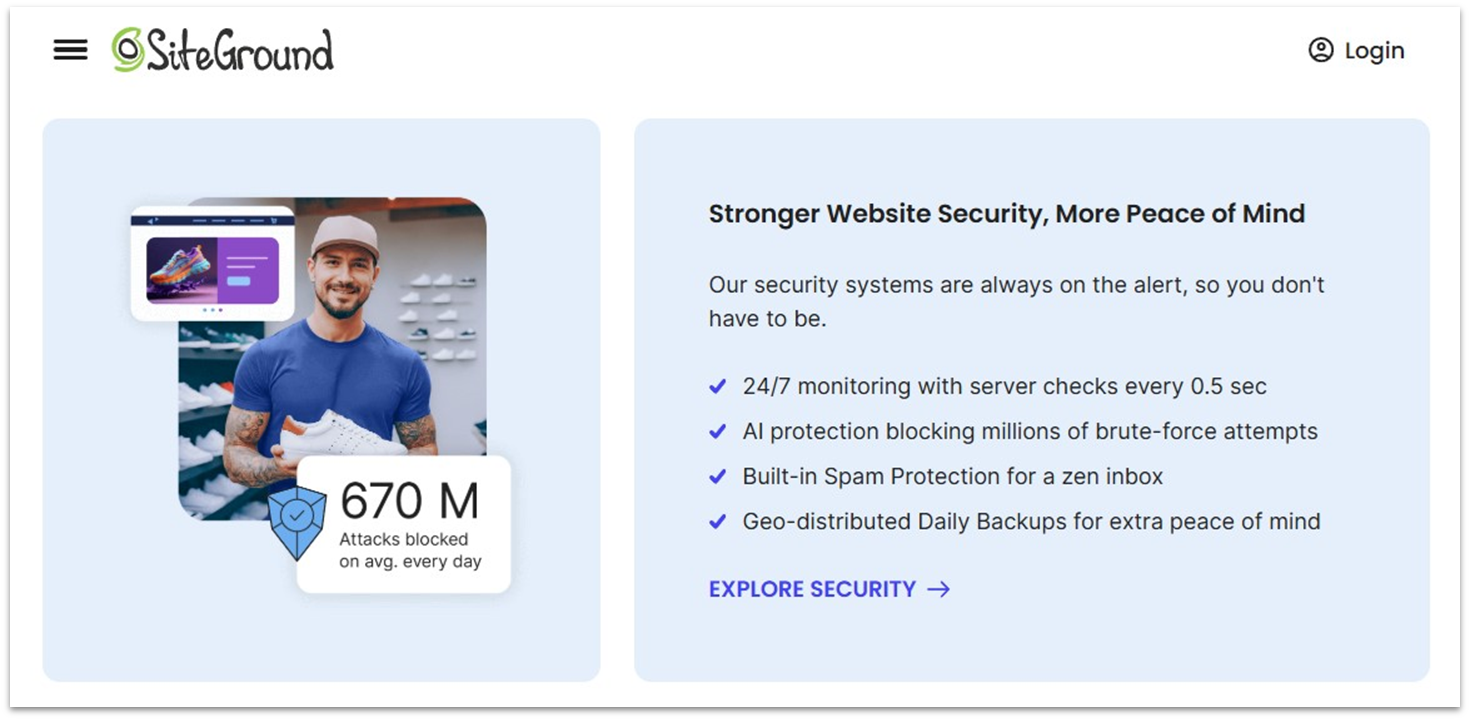 SiteGround's shared hosting landing page's security section