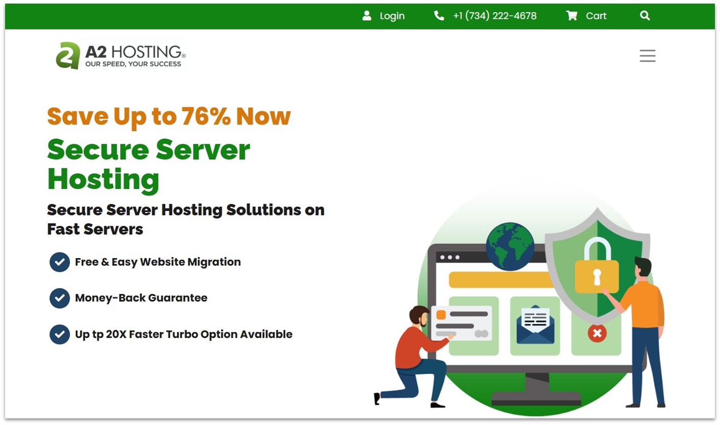 A2 Hosting's secure server hosting landing page