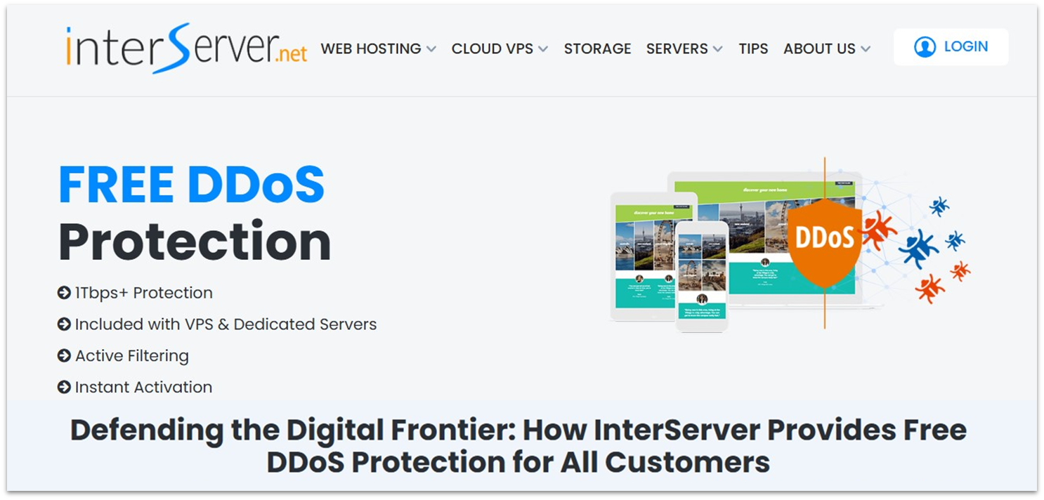 InterServer's website's free DDoS protection landing page