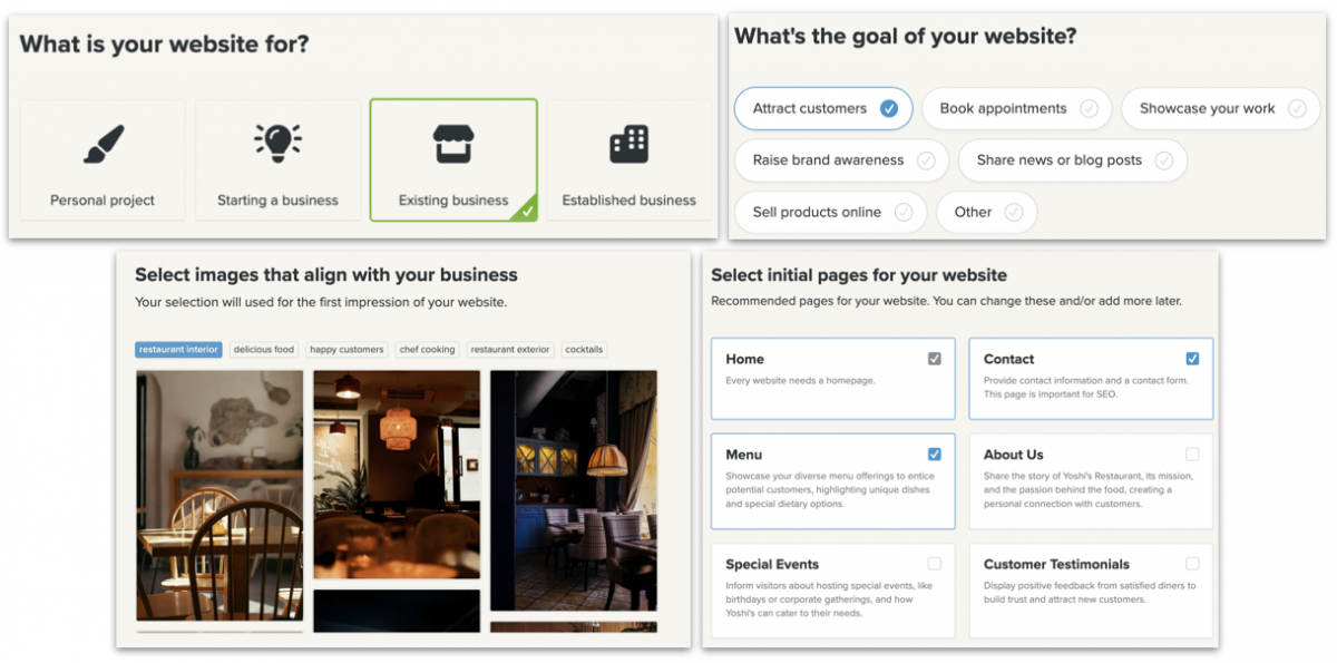 Screenshot of Webador asking for website details for AI site creation