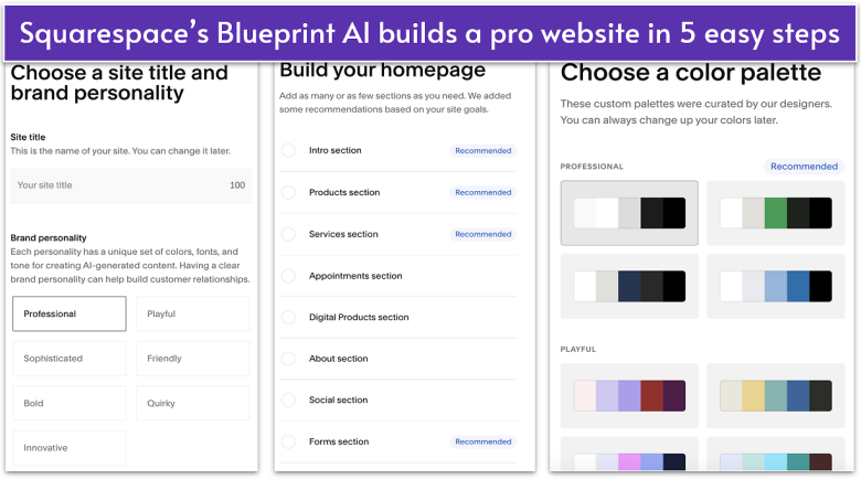 Screenshot of Squarespace's Blueprint AI website building steps