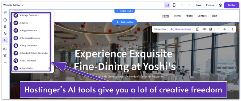 Screenshot of Hostinger Website Builder's AI site building tools