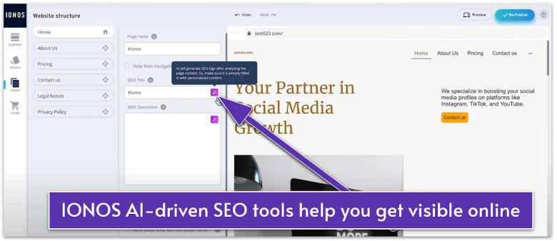 Screenshot of IONOS AI SEO text generator tool