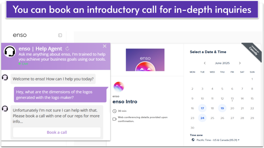 The calendar for booking an intro call with Enso's customer support