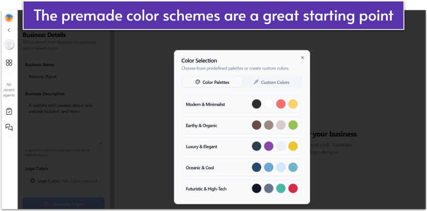 Enso.bot logo designer's premade color schemes