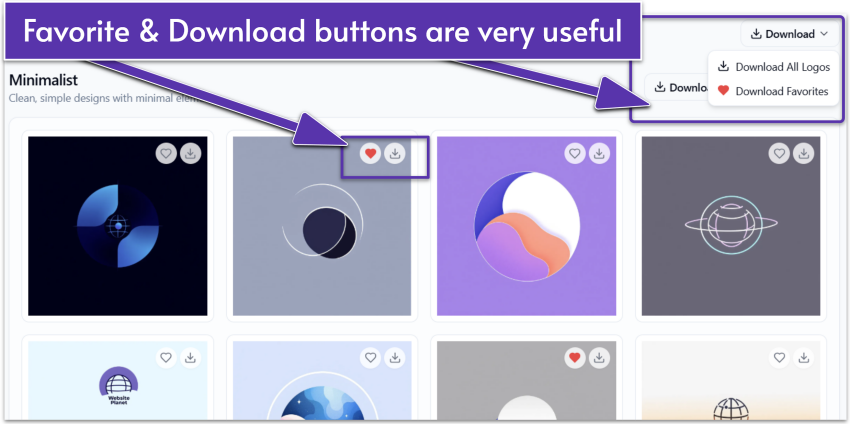 The Favorite and Download buttons highlighted in the logo results