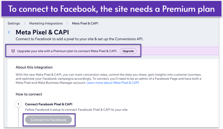 Meta Pixel & CAPI integration page in Wix Dashboard, message to upgrade to Premium plan, “Connect to Facebook” button is gray