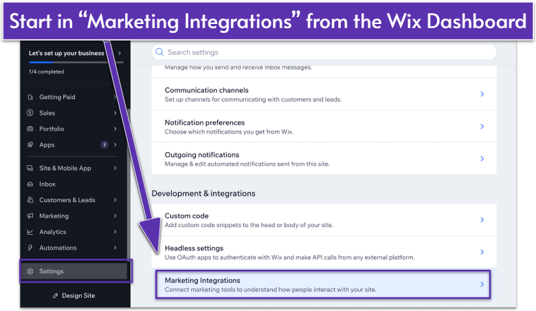 Wix Dashboard, navigating to Settings and Marketing Integrations