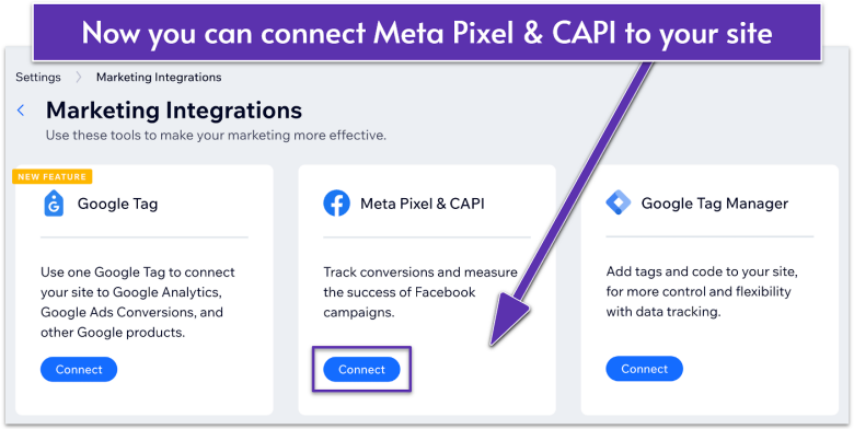 Marketing Integrations list in Wix Dashboard, highlighting Connect button for Meta Pixel & CAPI