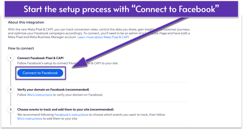 Setup steps for Meta Pixel & CAPI integration on Wix, highlights “Connect to Facebook” button in Step 1