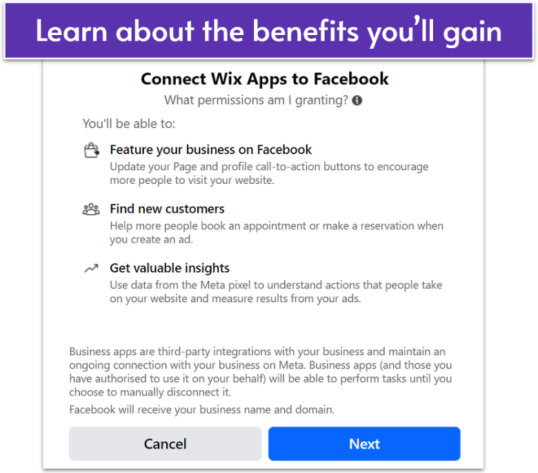 Pop-up window describing features available when connecting Wix Apps to Facebook