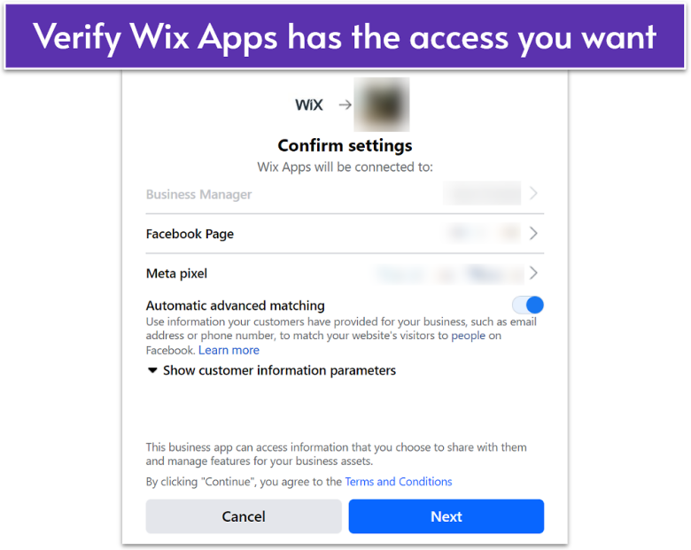 Confirmation page for connecting Wix Apps to Facebook Page and Meta Pixel
