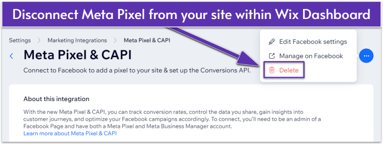 Meta Pixel & CAPI settings page in Wix Dashboard, navigating to More Actions icon and Delete button
