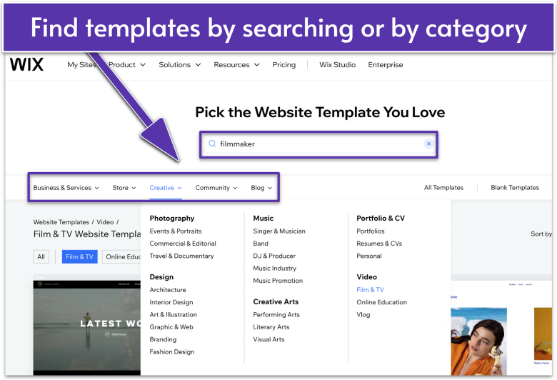 Wix Templates page with search bar and category drop downs highlighted