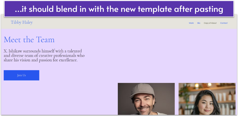 Sample of an about page pasted with site theme from new Wix template, violet background and blue and black text, beige header