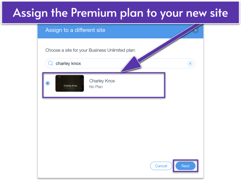 Wix pop-up window to assign a Premium Plan to another site