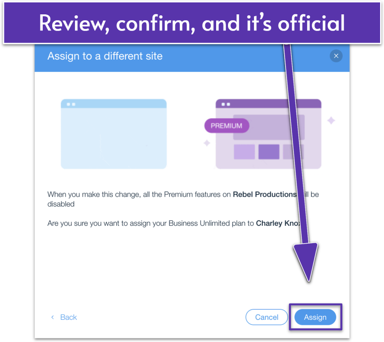 Wix confirmation pop-up window to reassign a Premium Plan to another site