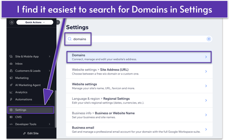 Wix Dashboard, navigating to Settings, "domains" in search bar, and Domains in the search results