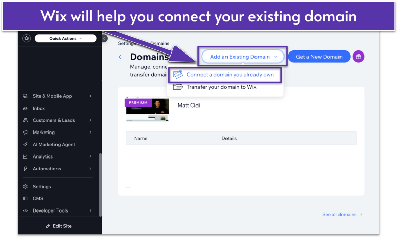 Domains Settings in Wix Dashboard, showing steps to connect an existing domain