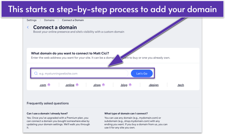 Connect a domain window in Wix Dashboard, highlighting search bar to find a specific domain