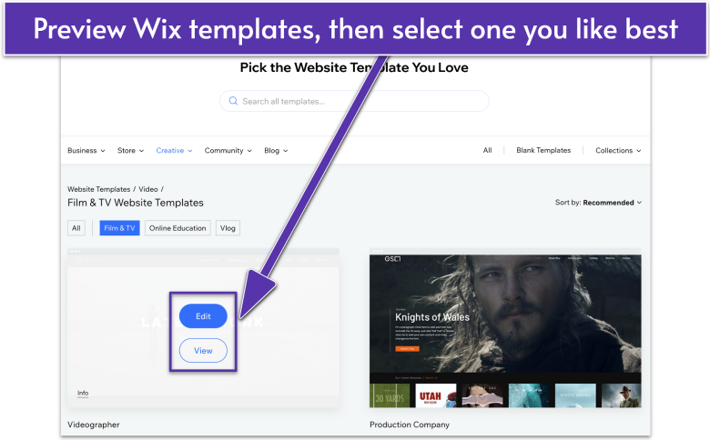 A Wix Template with Edit and View buttons highlighted
