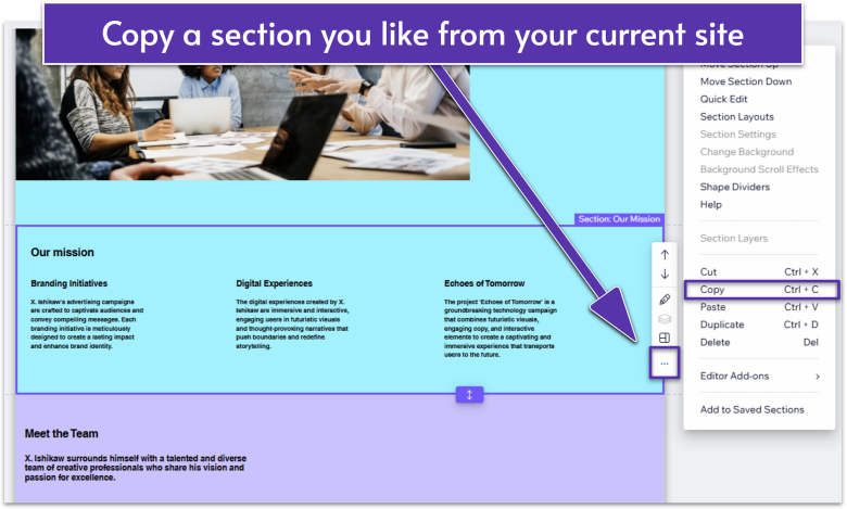 Section of a Wix Template, navigating to More Actions menu and Copy