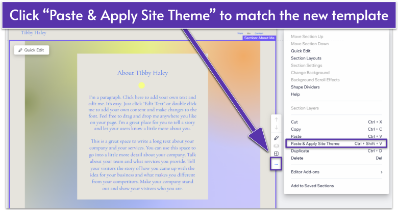 Wix website, navigating to More Options menu and Paste & Apply Site Theme
