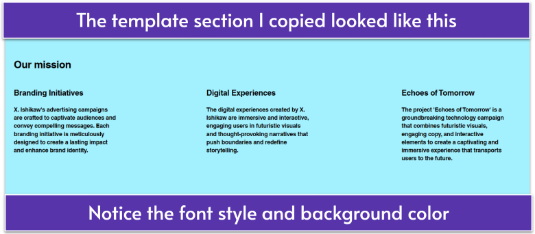 Sample Wix Template section that was copied, bright blue background with black text