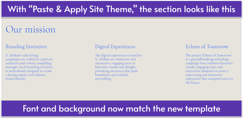 Sample section on Wix website that was pasted with Apply Site Theme option, beige background with blue text