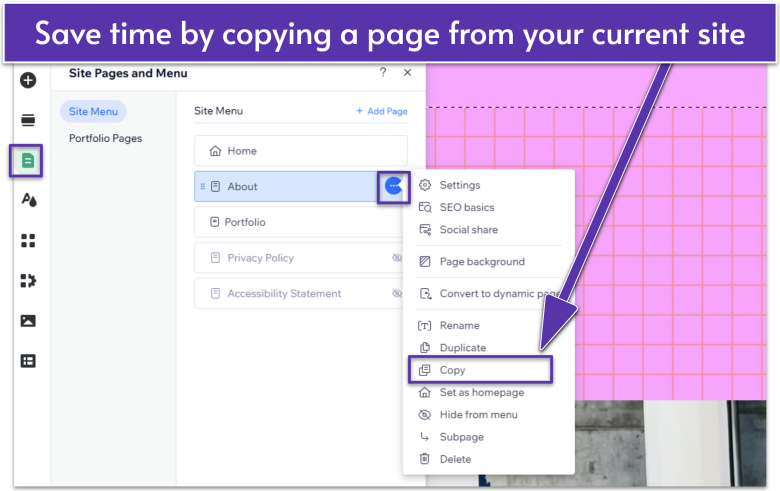 Wix website, navigating to Pages & Menu, then More Actions and Copy on a site page