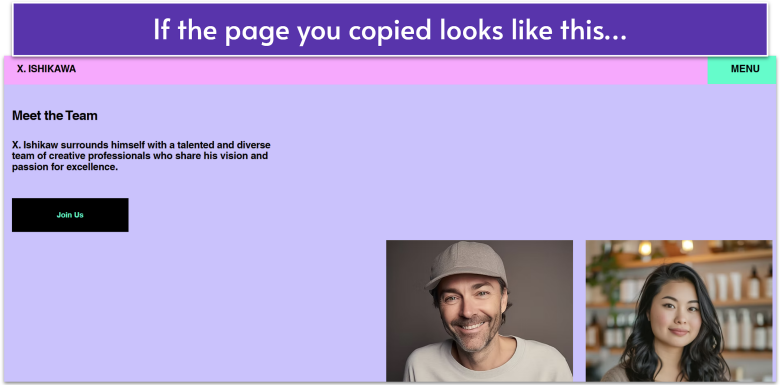 Sample of an about page to copy from a Wix site, violet background and black text, pink header