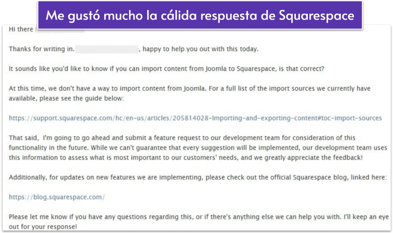 An email from Squarespace's customer support team