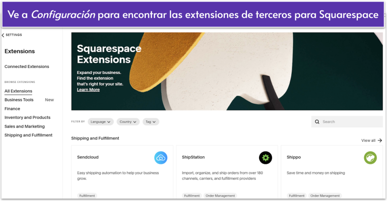 The menu for Squarespace Extensions