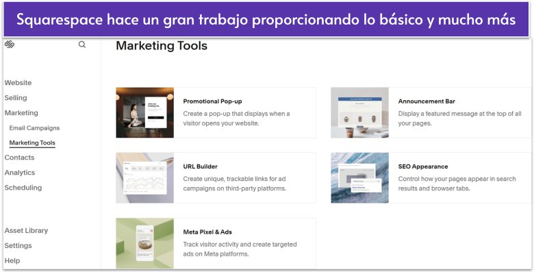 The Squarespace menu for marketing