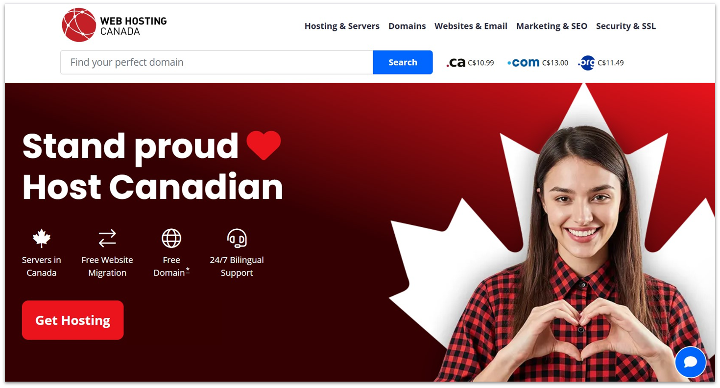 Web Hosting Canada landing page
