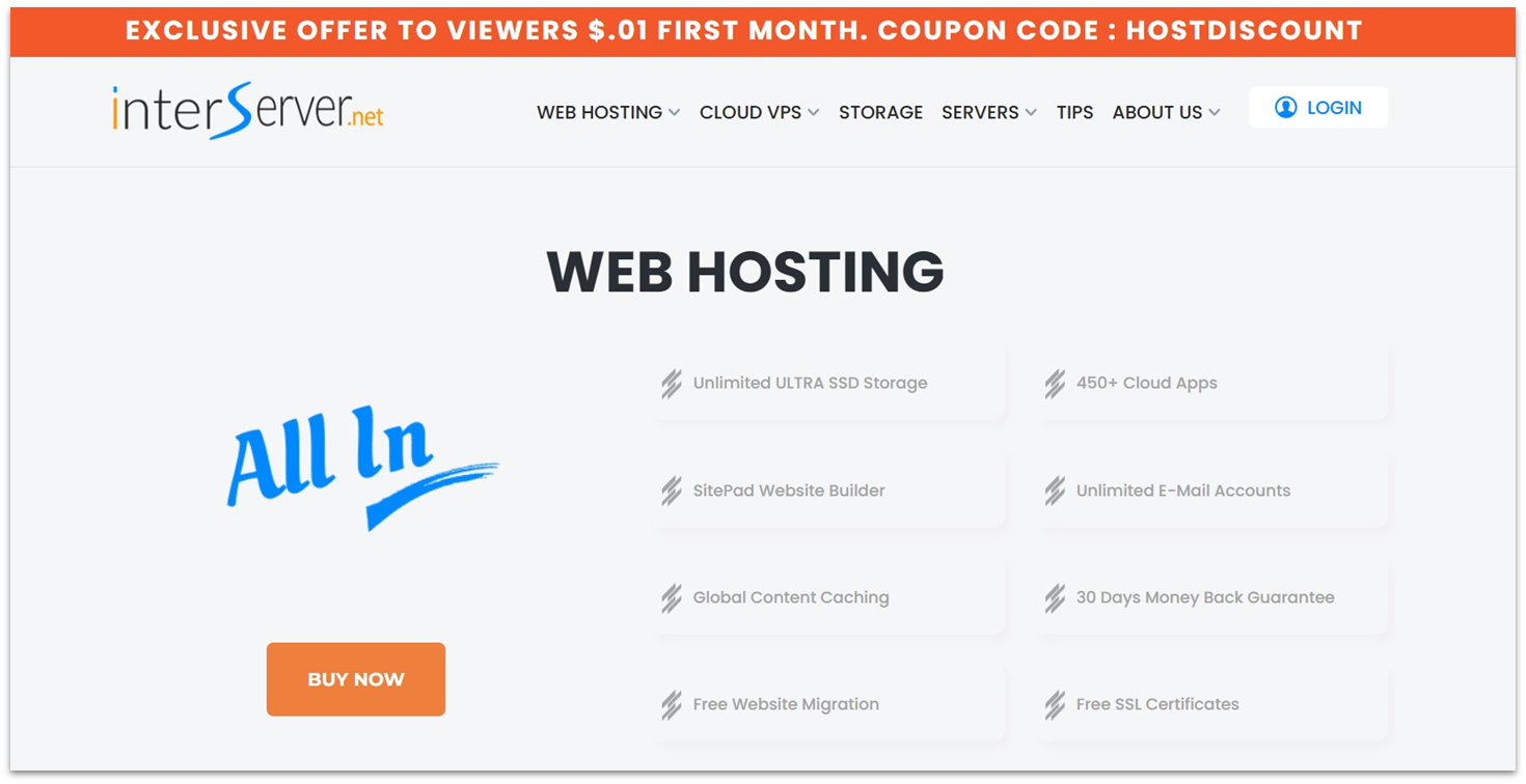InterServer web hosting landing page