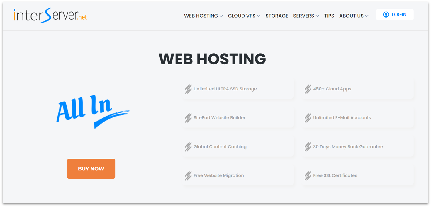 InterServer web hosting plan features with unlimited storage, bandwidth, websites, and email
