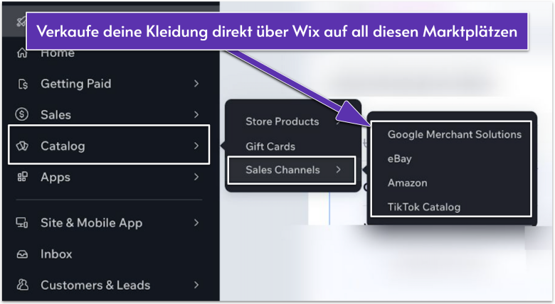 Wix-Einstellungen zur Integration von Marktplätzen